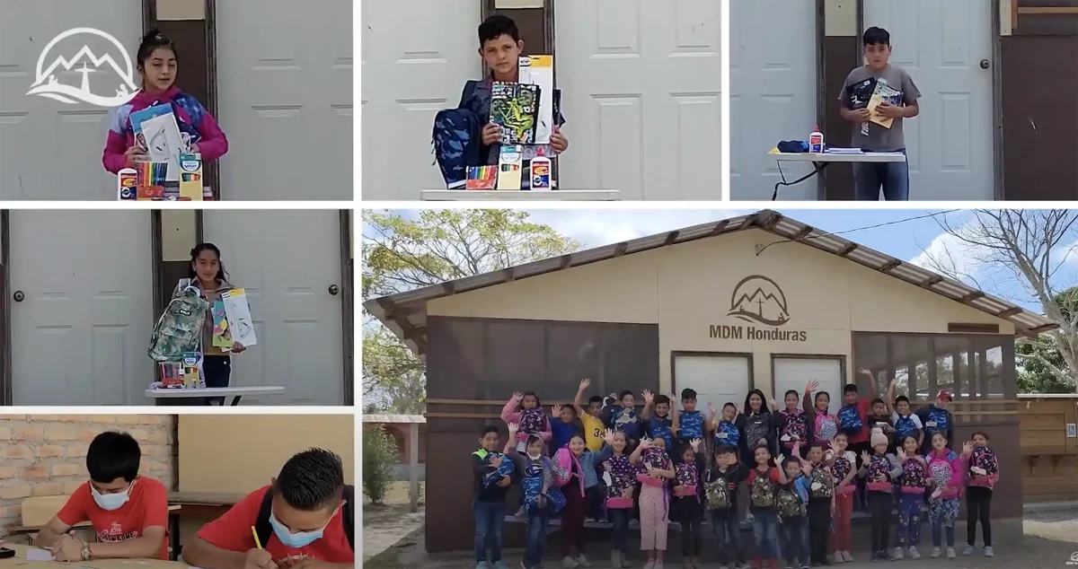 montage of photos of kids and school supplies being distributed